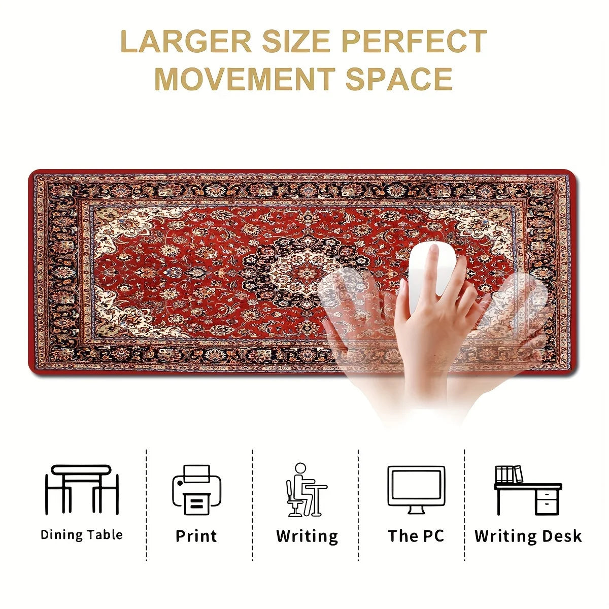 A close-up view of a red vintage Persian rug gaming mouse pad with a non-slip rubber base and a hand demonstrating its large 