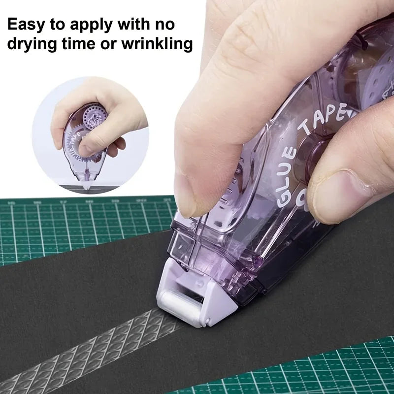 A hand applies double-sided adhesive tape onto a dark surface, demonstrating easy application without drying time or wrinklin