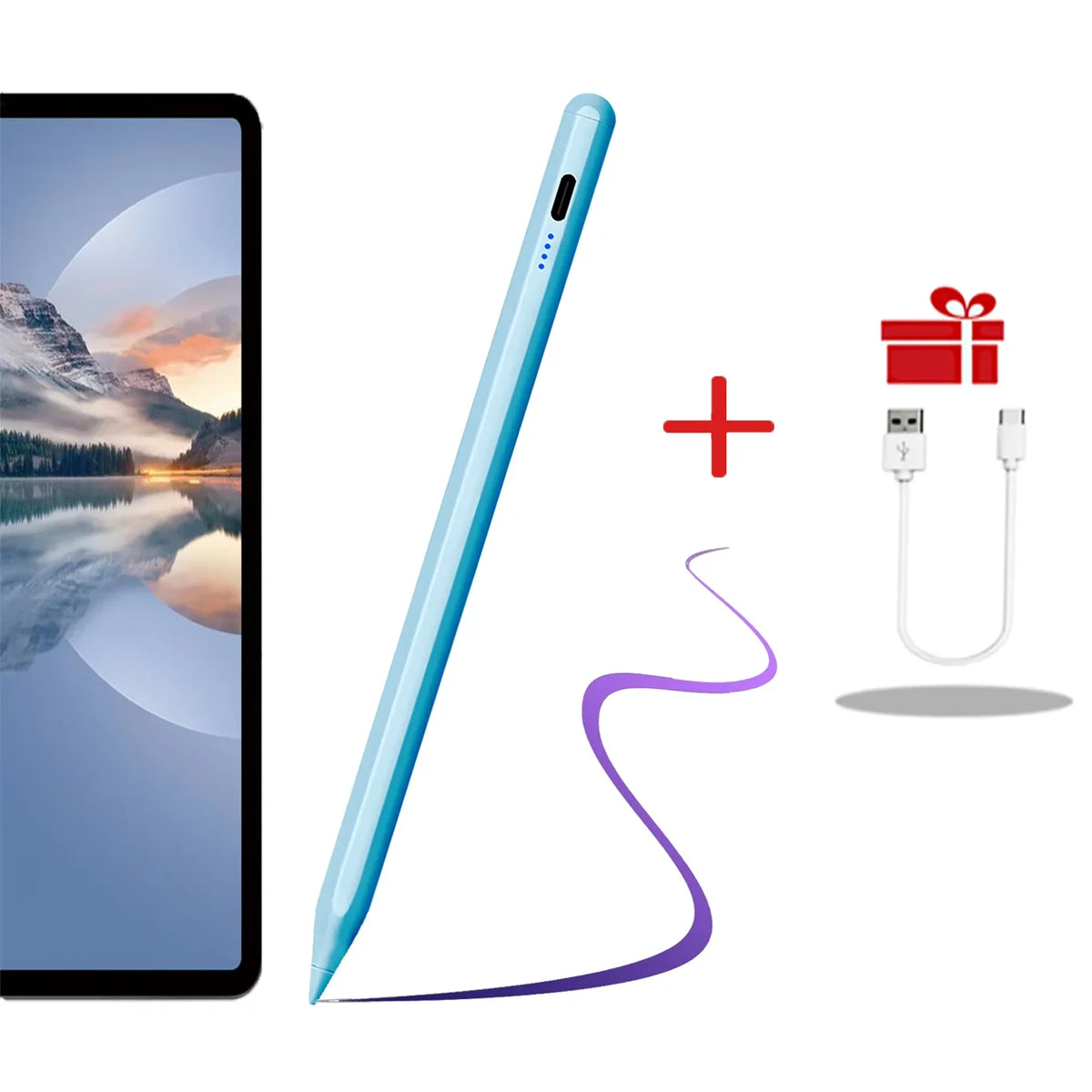 A blue precision stylus pen next to an iPad and a charging cable with a gift box icon.