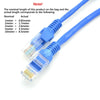 Cable Ethernet plano azul con varias longitudes marcadas en el empaque.