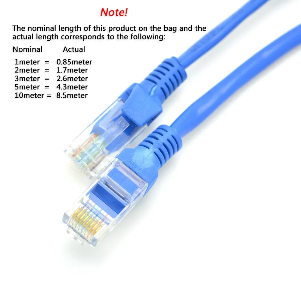 Cable Ethernet plano azul con varias longitudes marcadas en el empaque.
