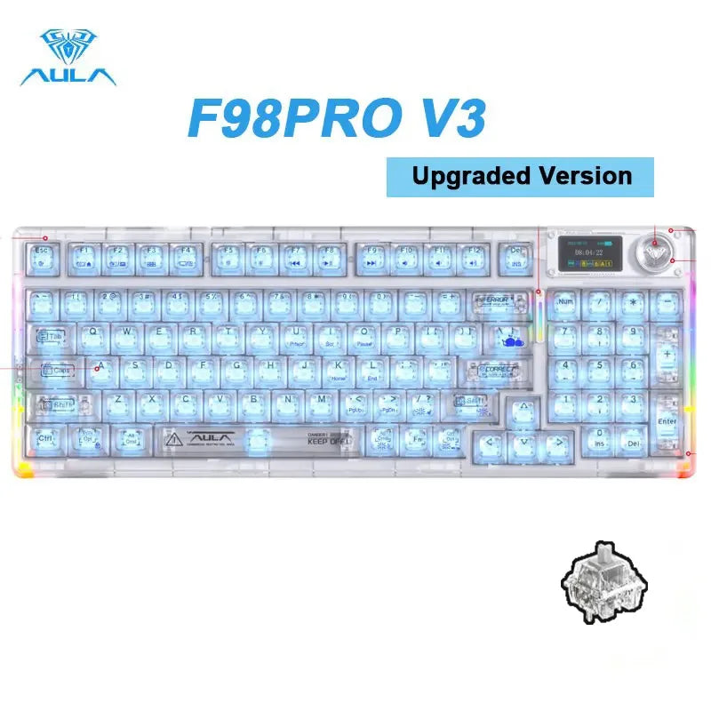 A transparent mechanical keyboard with RGB lighting and hot-swap switches, labeled as the F98PRO V3 upgraded version.