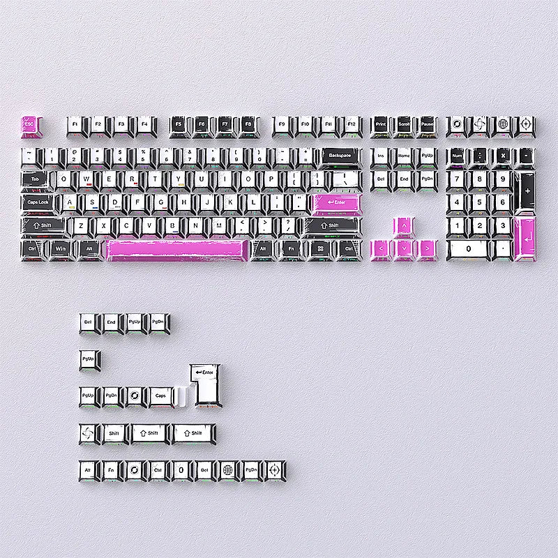 A full set of translucent PBT keycaps with side-printed legends in a cherry profile layout