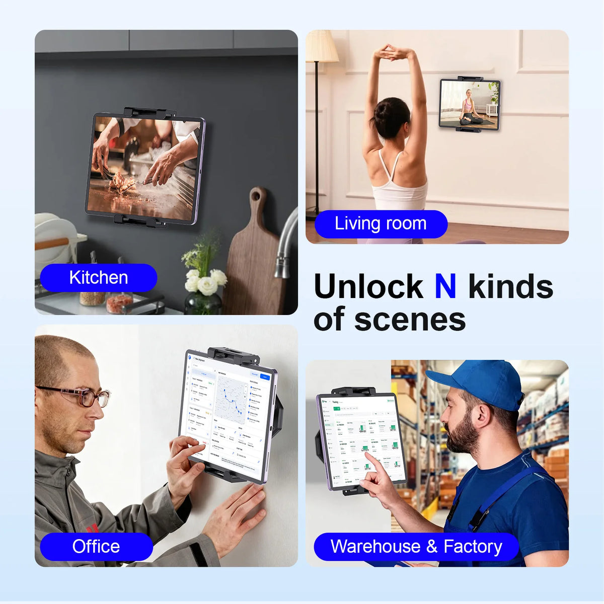 A display shows various scenes like a kitchen, office, and warehouse, demonstrating the 360° rotating tablet wall mount stand