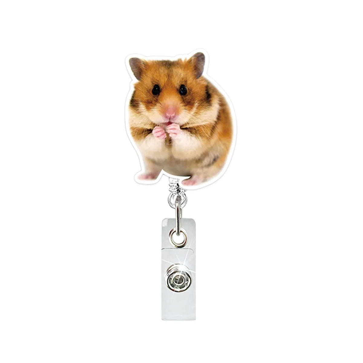 A fluffy brown hamster is attached to a clear acrylic badge reel with a retractable clip.
