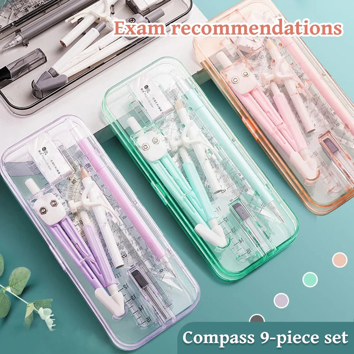 A transparent plastic case containing a 9-piece compass set with various drawing tools and instruments.