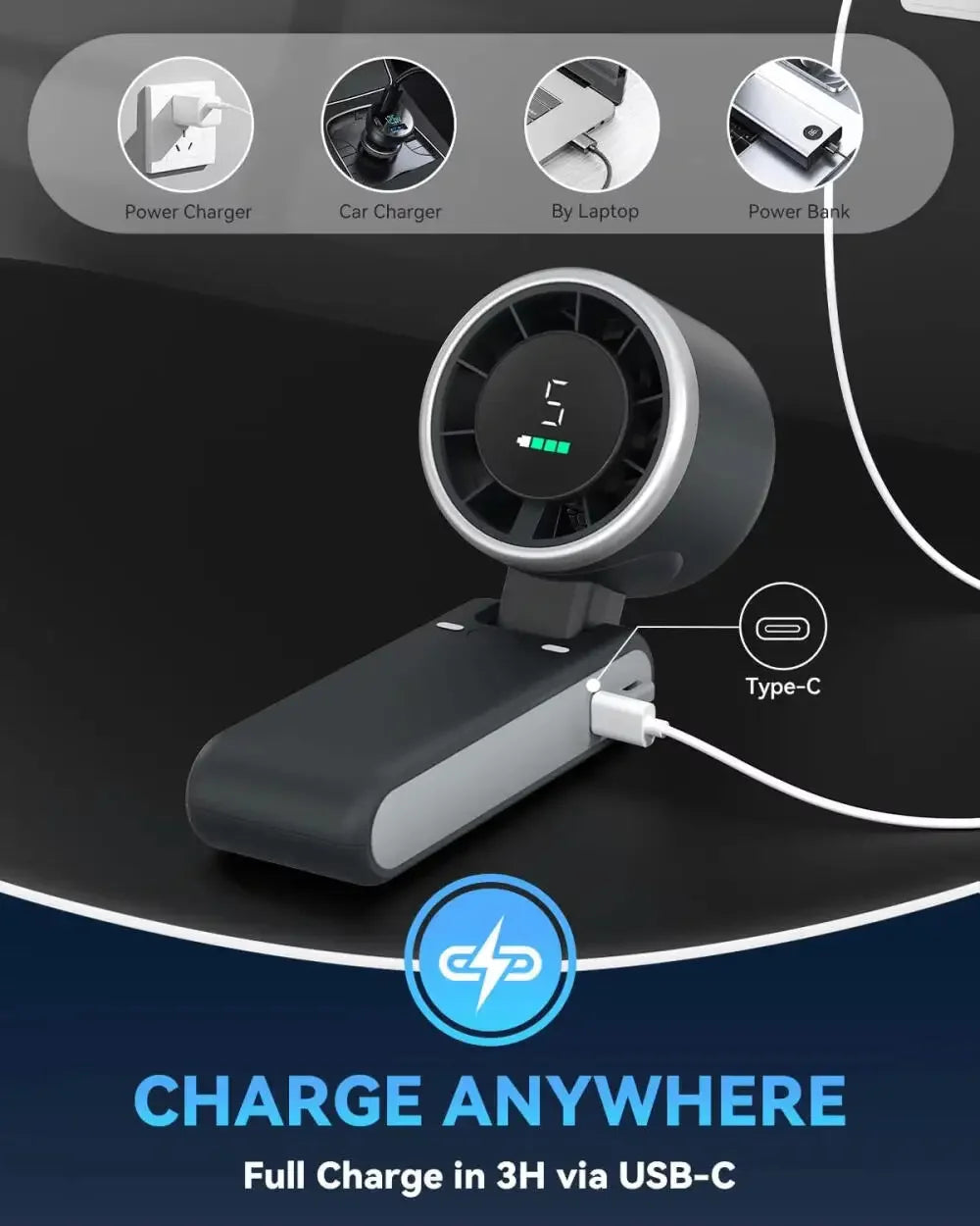 Tragbare USB-Lade-Handventilator mit Powerbank-Funktion, gezeigt neben verschiedenen Ladeoptionen.