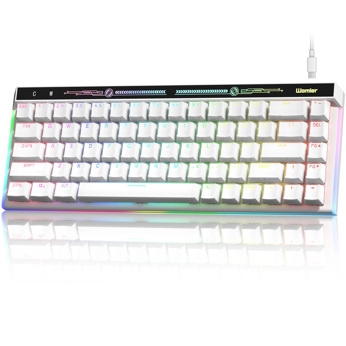 A white mechanical keyboard with colorful RGB backlight and a Worner logo is shown on a reflective surface.