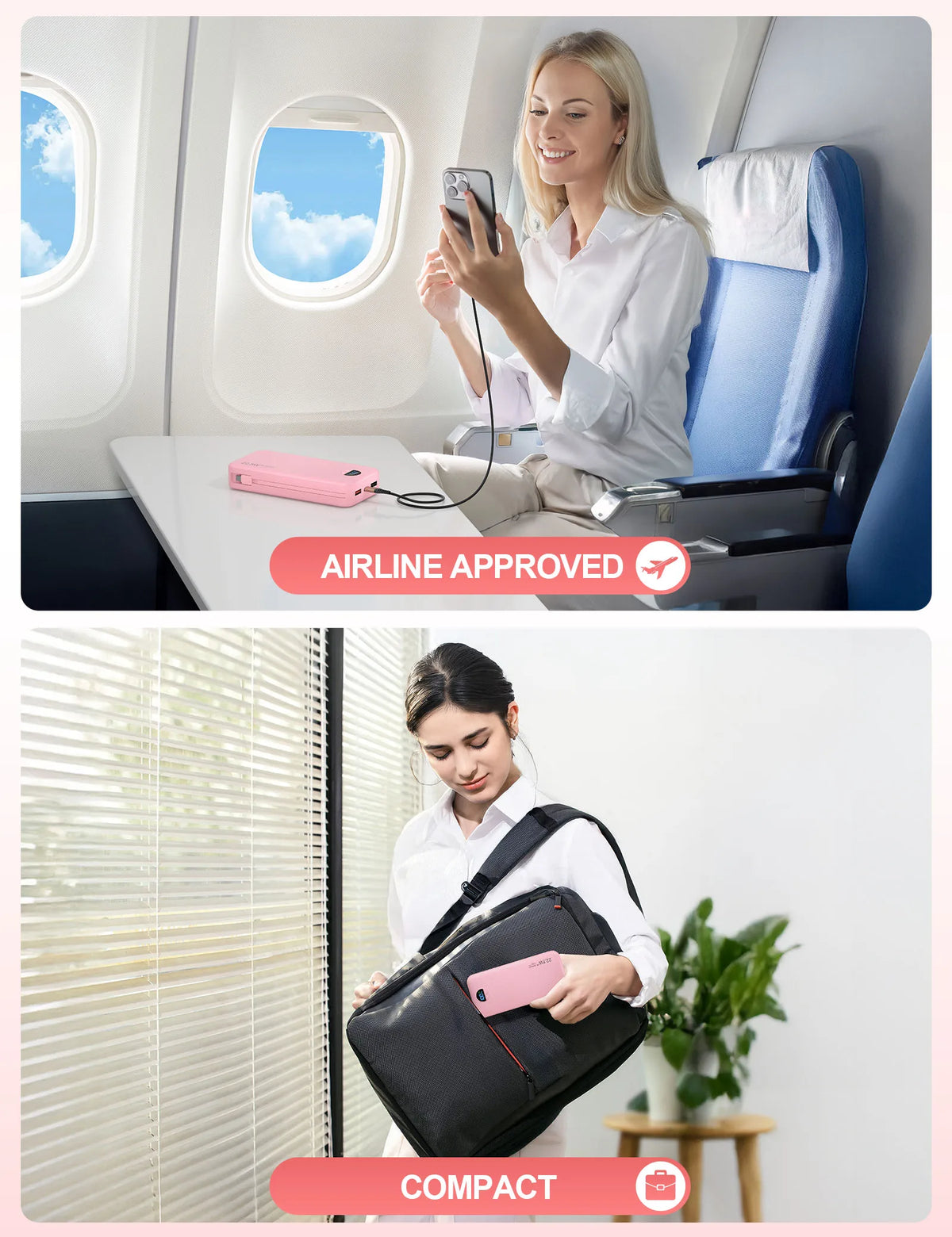 A woman uses a compact power bank with a built-in AC plug and dual cables on an airplane seat.