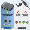 A black Gigabit Ethernet splitter with four ports is shown next to a diagram comparing its 1000Mbps performance to others.