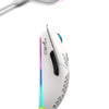 A white and black 3-mode wireless gaming mouse with purple and blue RGB lighting is shown from above.