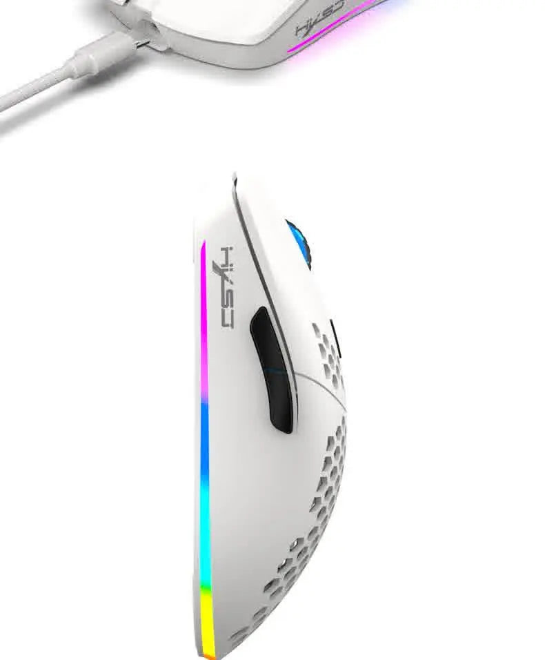 A white and black 3-mode wireless gaming mouse with purple and blue RGB lighting is shown from above.