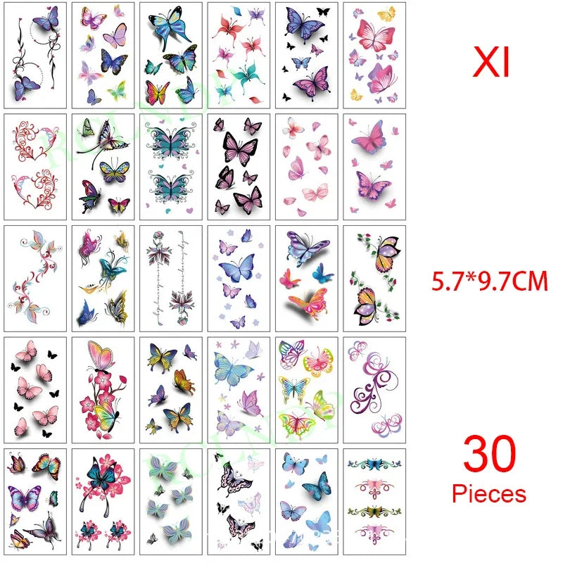 Colección de 30 pegatinas temporales multi-diseño con patrones de mariposas y flores.