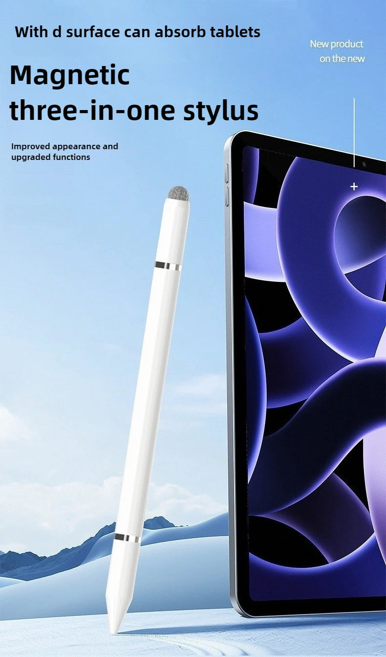 Un bolígrafo stylus magnético blanco de tres en uno junto a una tableta con un gráfico morado.