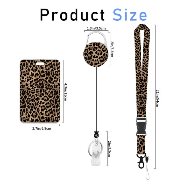 A leopard print retractable ID badge holder with a black strap and silver clip.