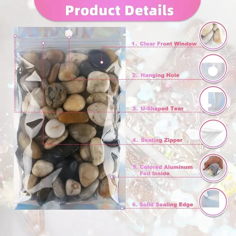 Product details showing a package of dried mushrooms with features like a clear front window, hanging hole, U-shaped tear, se