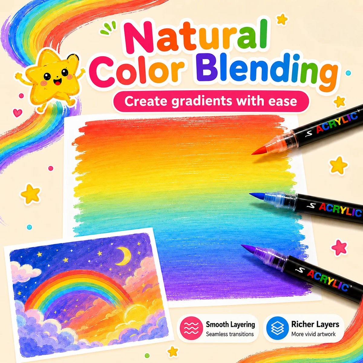Colorful acrylic paint pens creating a rainbow gradient on paper for art projects