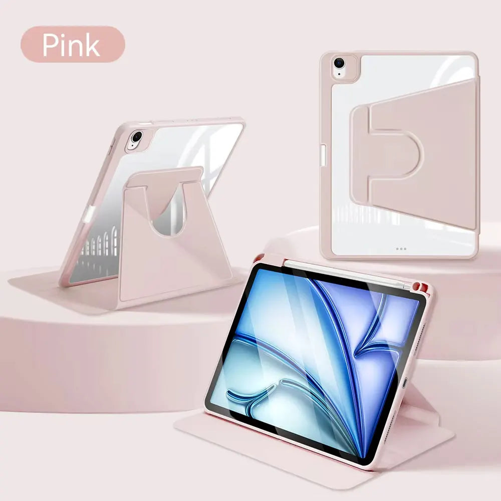 Pink 360 degree rotating protective case for an iPad shown with a smartphone and tablet.