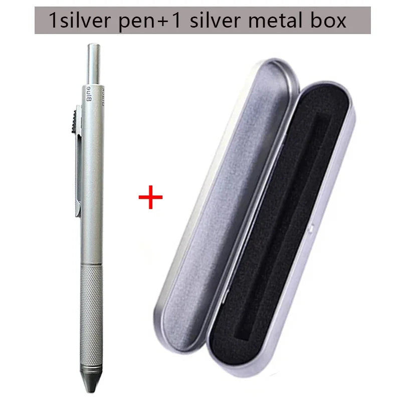 A silver pen and a silver metal box are shown, with a plus sign indicating the set.