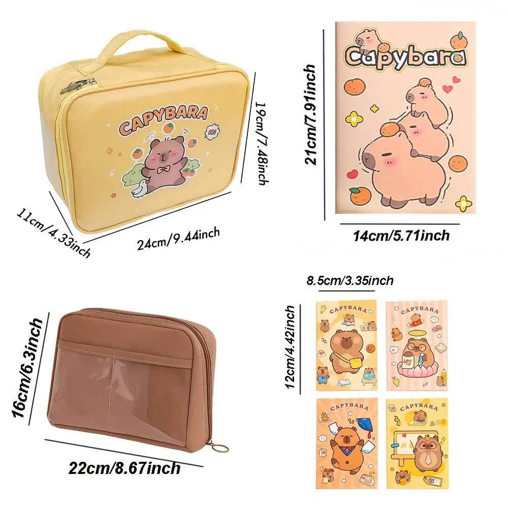 A yellow Capybara pencil case with a clear pocket and a brown leather notebook and fountain pen set.