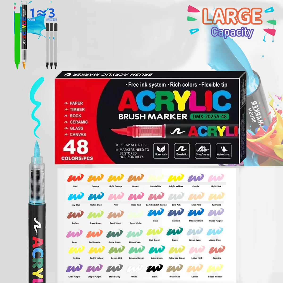A box of 48 acrylic brush markers with various colors and tips displayed next to a single marker pen.