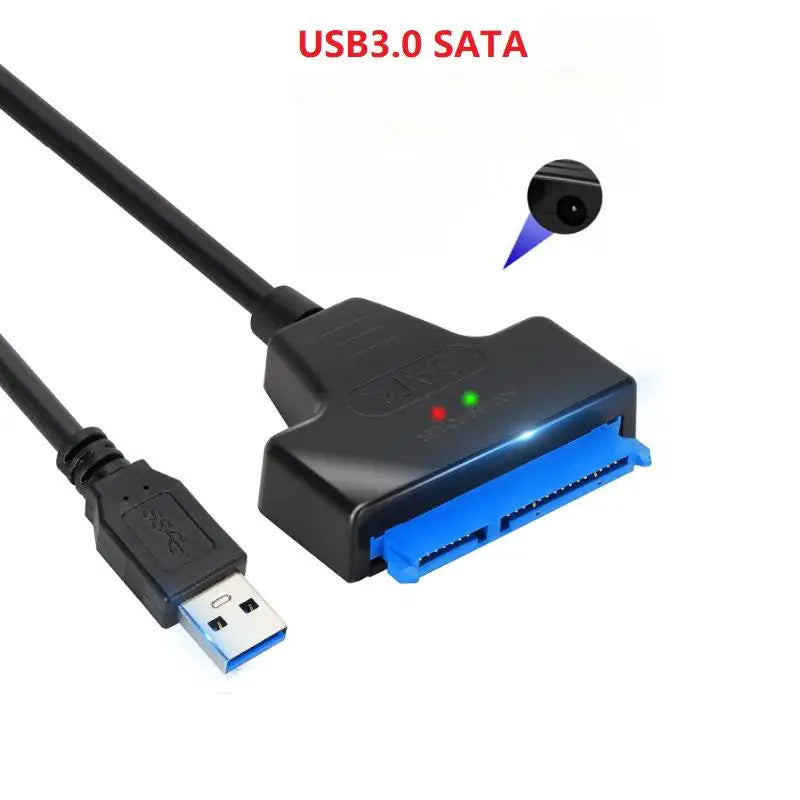 A black USB 3.0 SATA adapter cable and connector for connecting hard drives and SSDs.