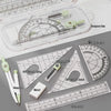 A precision set of transparent measuring tools including a compass box, protractor, triangle rulers, and a pencil lead.