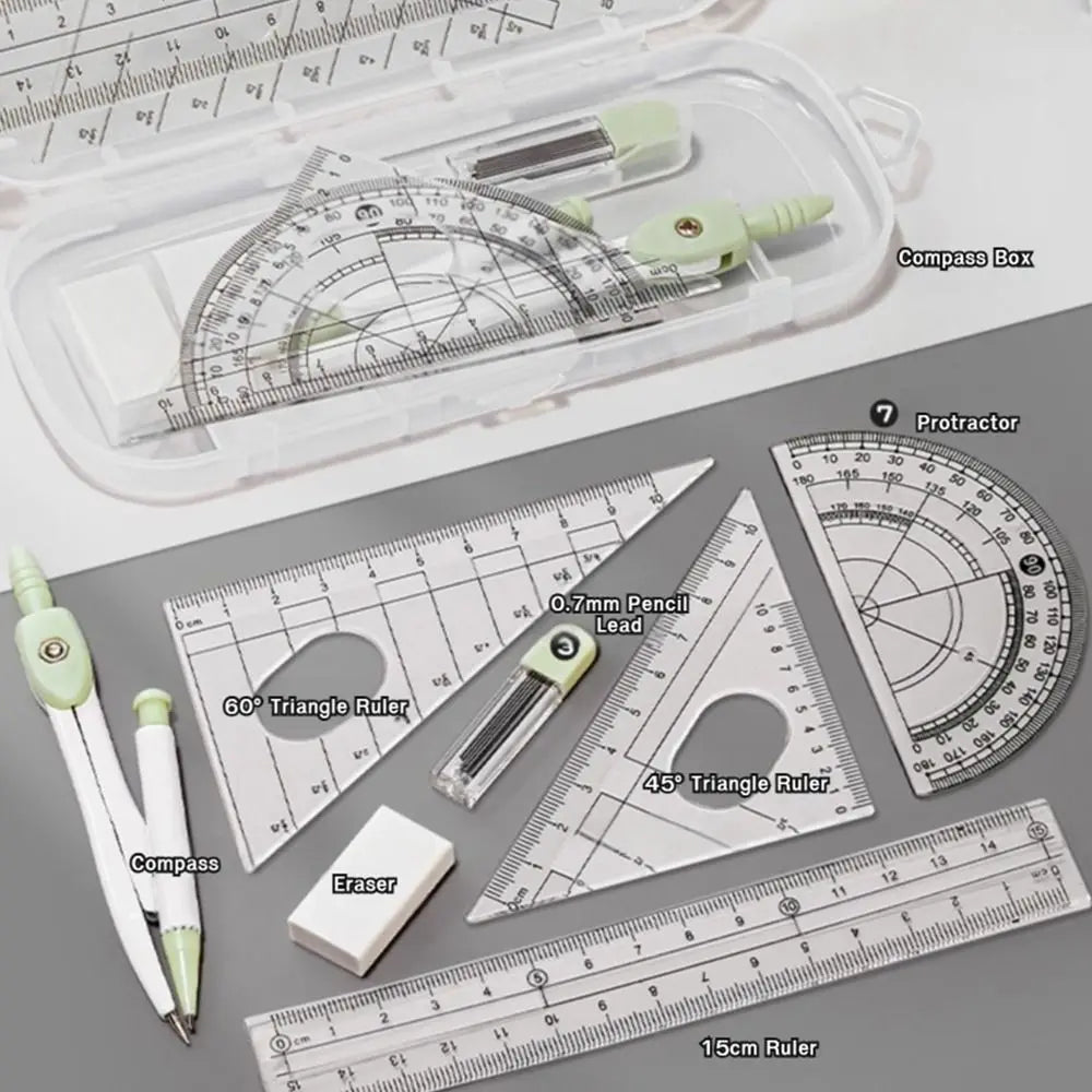 A precision set of transparent measuring tools including a compass box, protractor, triangle rulers, and a pencil lead.