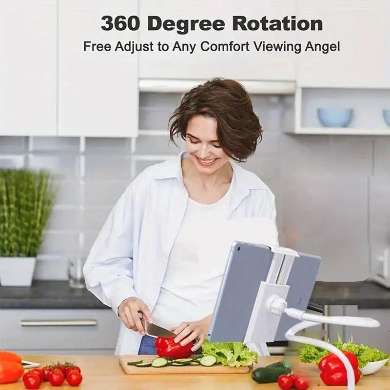 A woman is using a flexible gooseneck tablet and phone holder in a kitchen setting.