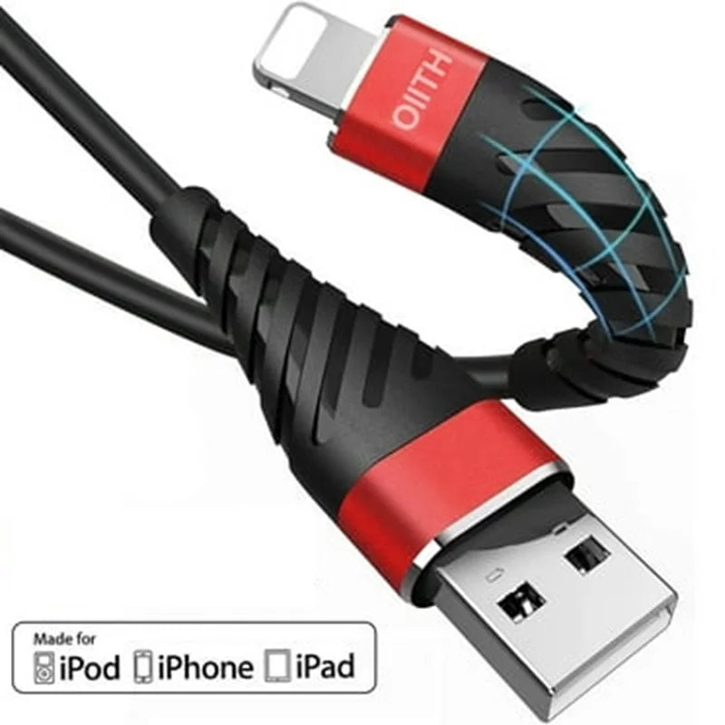 A black and red charging cable with a USB connector for iPod, iPhone, and iPad devices.