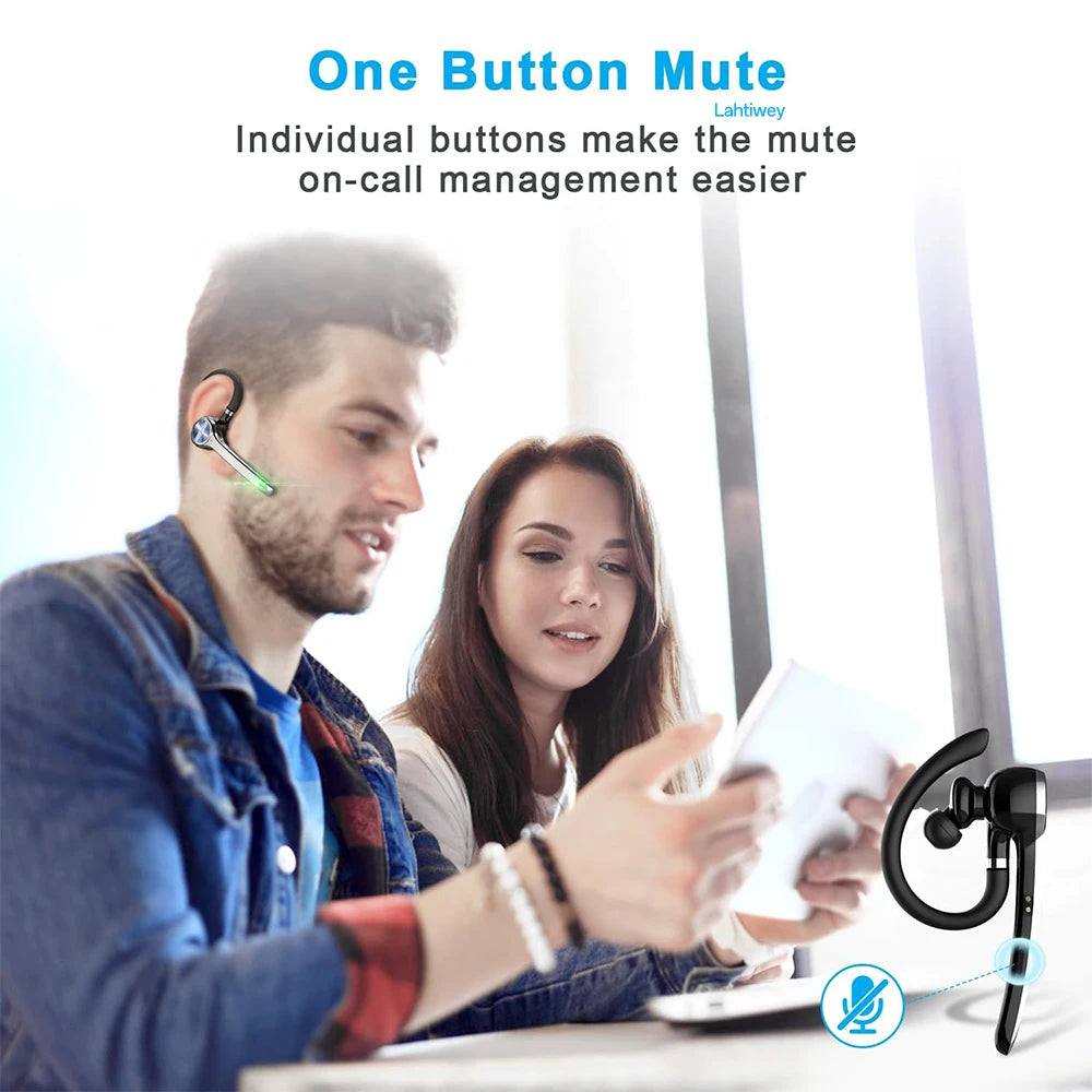 A man and a woman are using a device with individual buttons for mute on-call management.