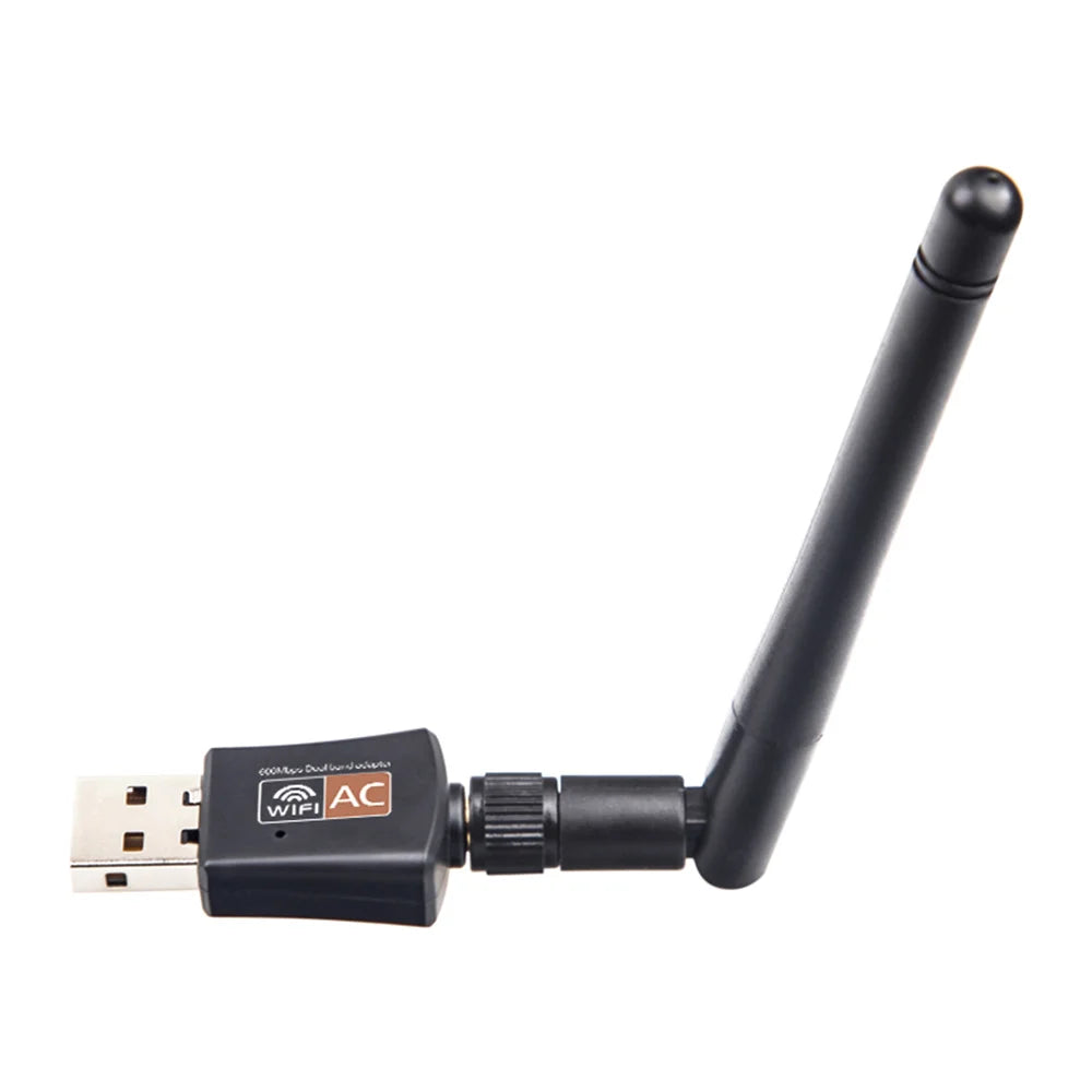 Black dual-band USB Wi-Fi adapter with an extendable antenna.