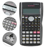 A black scientific calculator with a two-line display and various function buttons is shown.