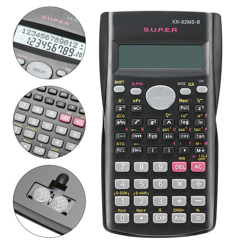 A black scientific calculator with a two-line display and various function buttons is shown.
