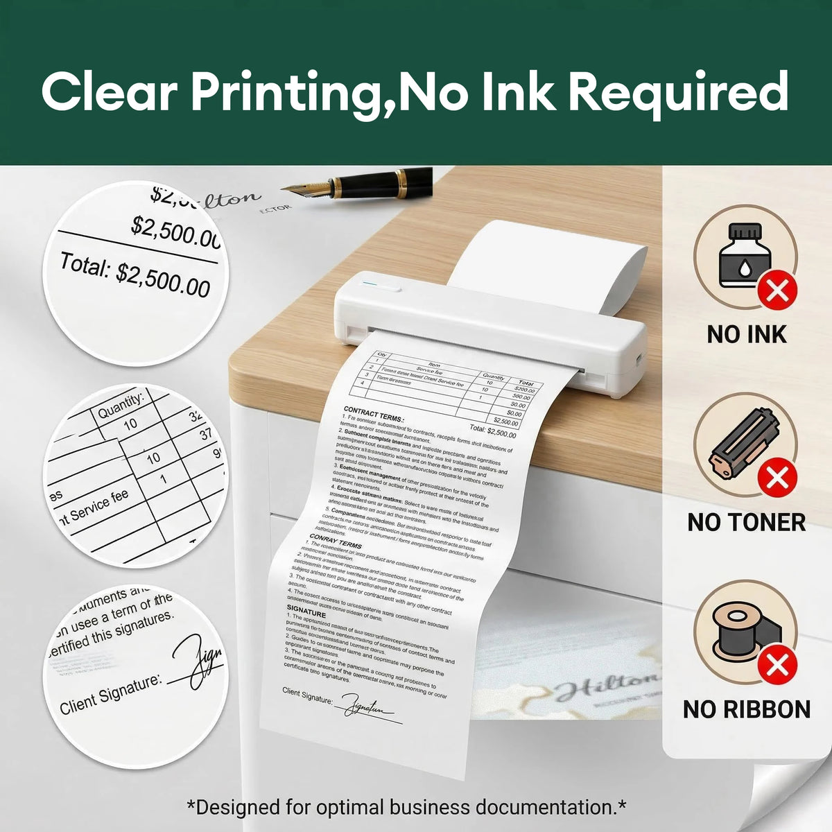A white thermal paper document is shown next to a portable printer and various related paperwork on a wooden surface.
