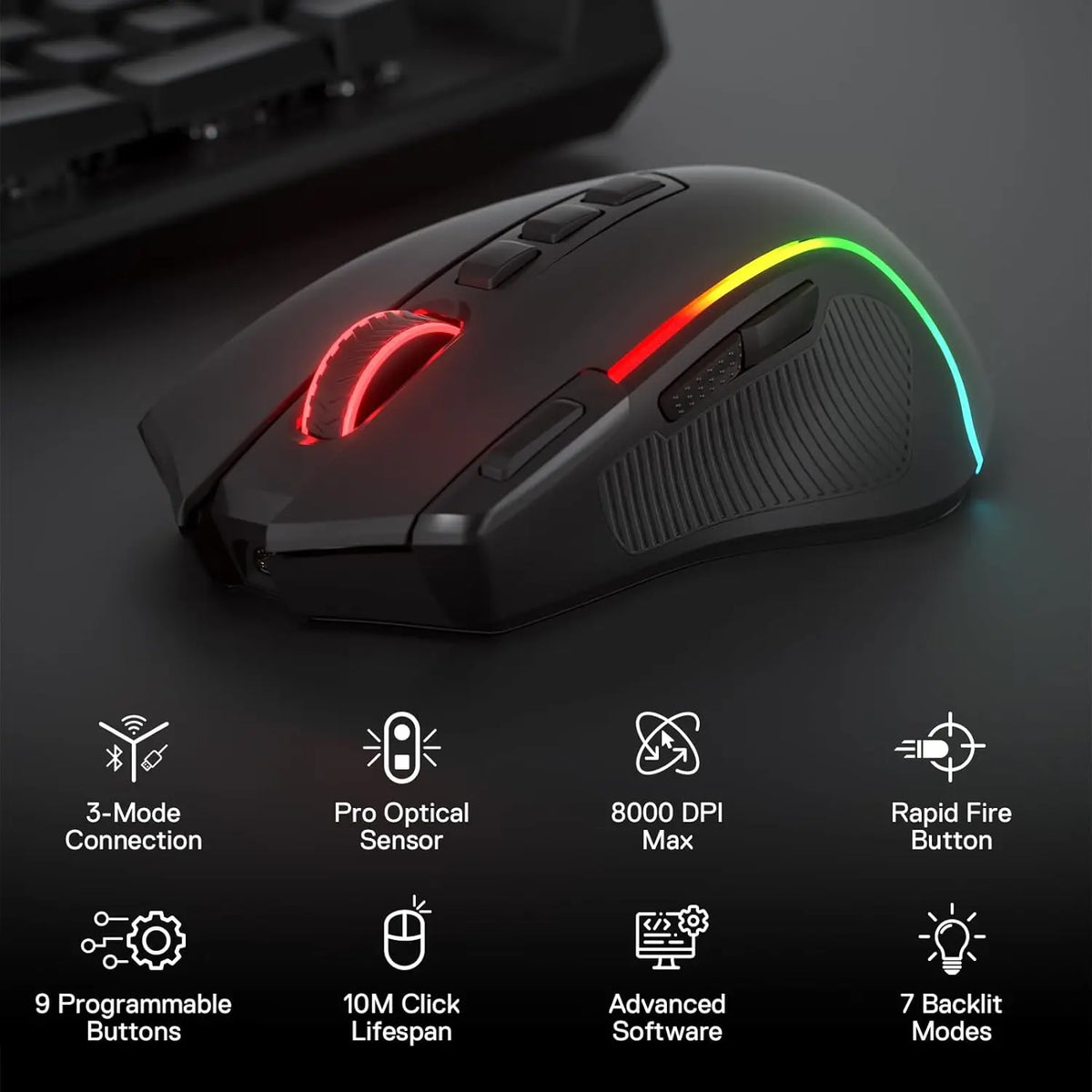Black gaming mouse with RGB lighting and various features like 8000 DPI, programmable buttons, and multi-mode connection.
