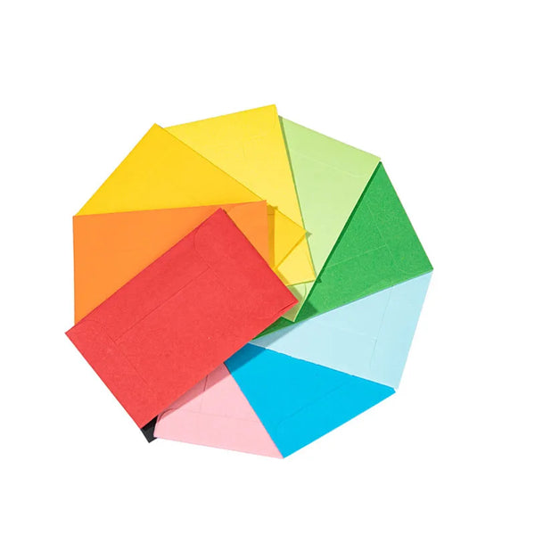 A stack of colorful paper envelopes in various shades of yellow, orange, green, and blue.