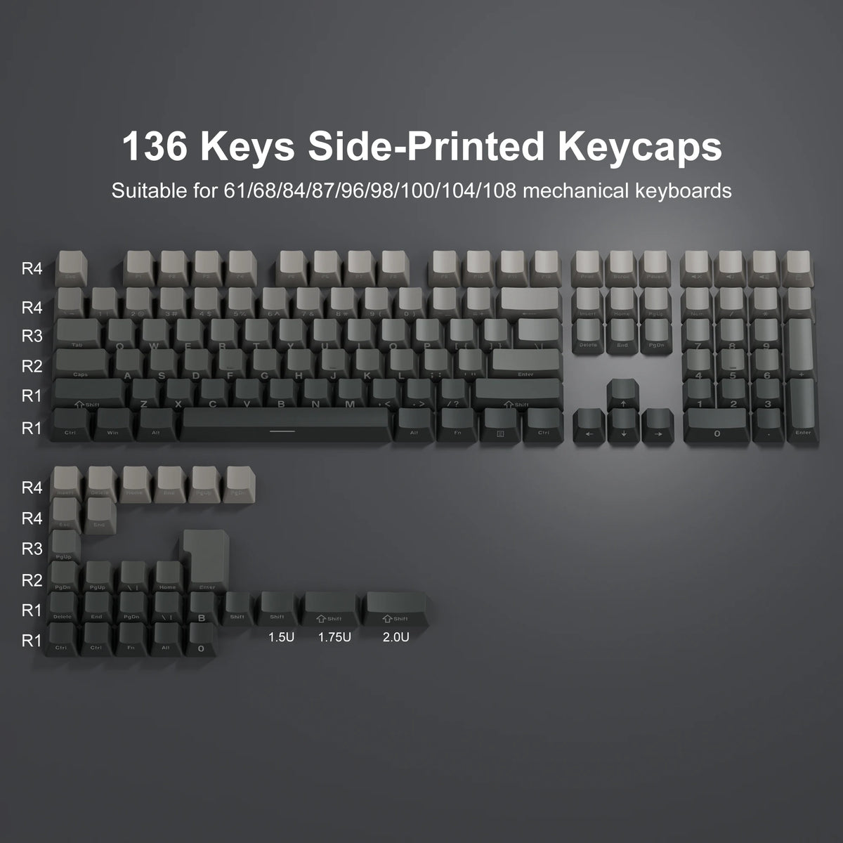 Eine Sammlung von 136 seitlich gedruckten Keycaps für mechanische Tastaturen, in verschiedenen Reihen und Layouts dargestellt