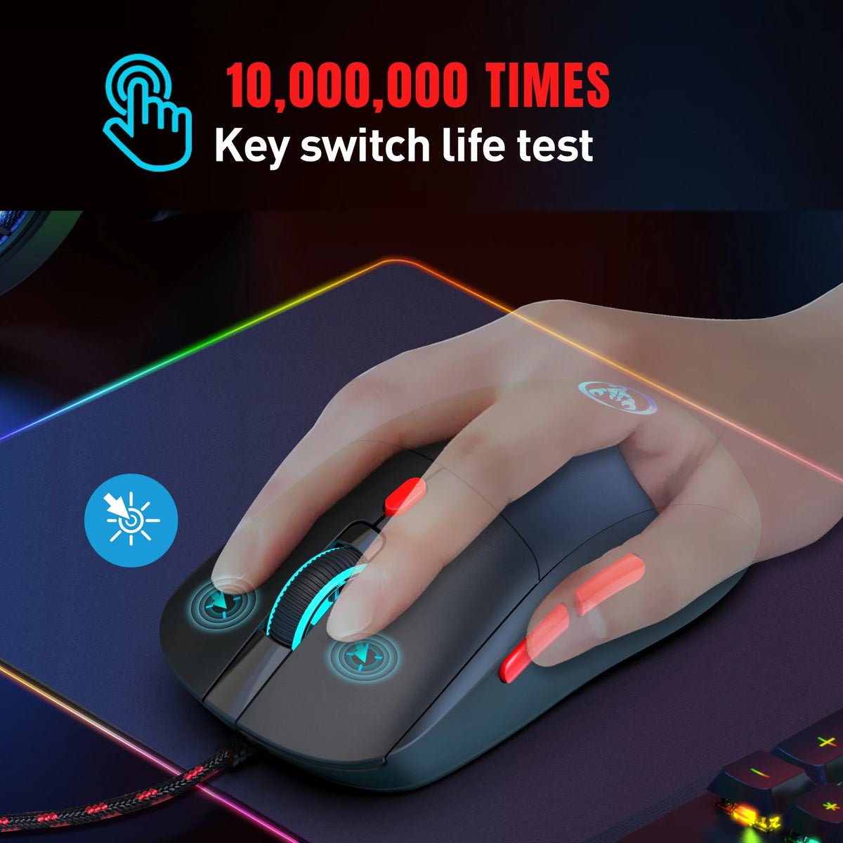A hand is using a black gaming mouse with blue accents and RGB lighting on a dark surface.