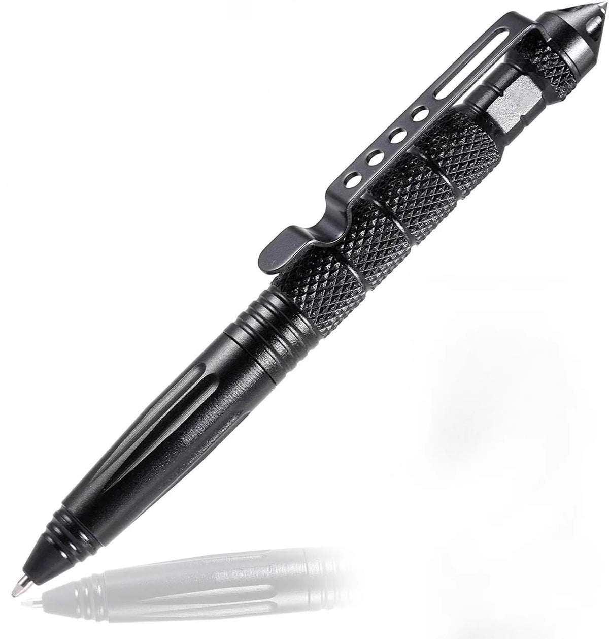 Black tactical self-defense pen with a textured grip and glass breaker tip