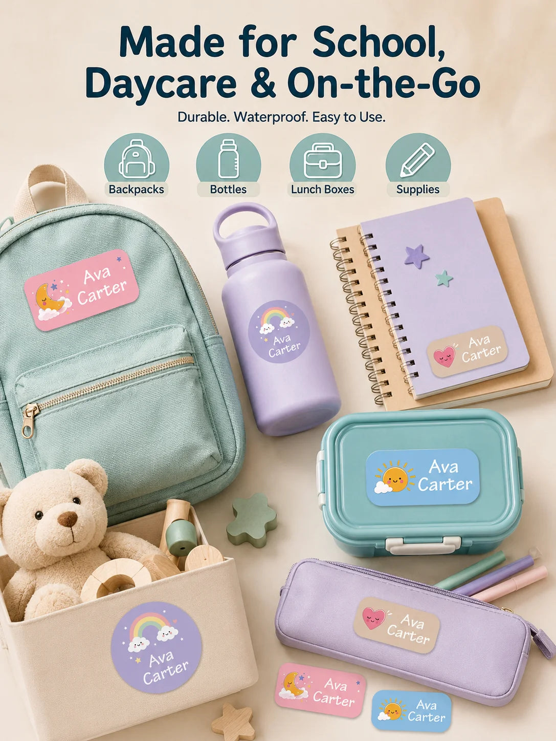 Sammlung personalisierter Namensklebstick für Organisation, darunter Aufkleber für Rucksack, Lunchbox, Notizbuch und Bleistif