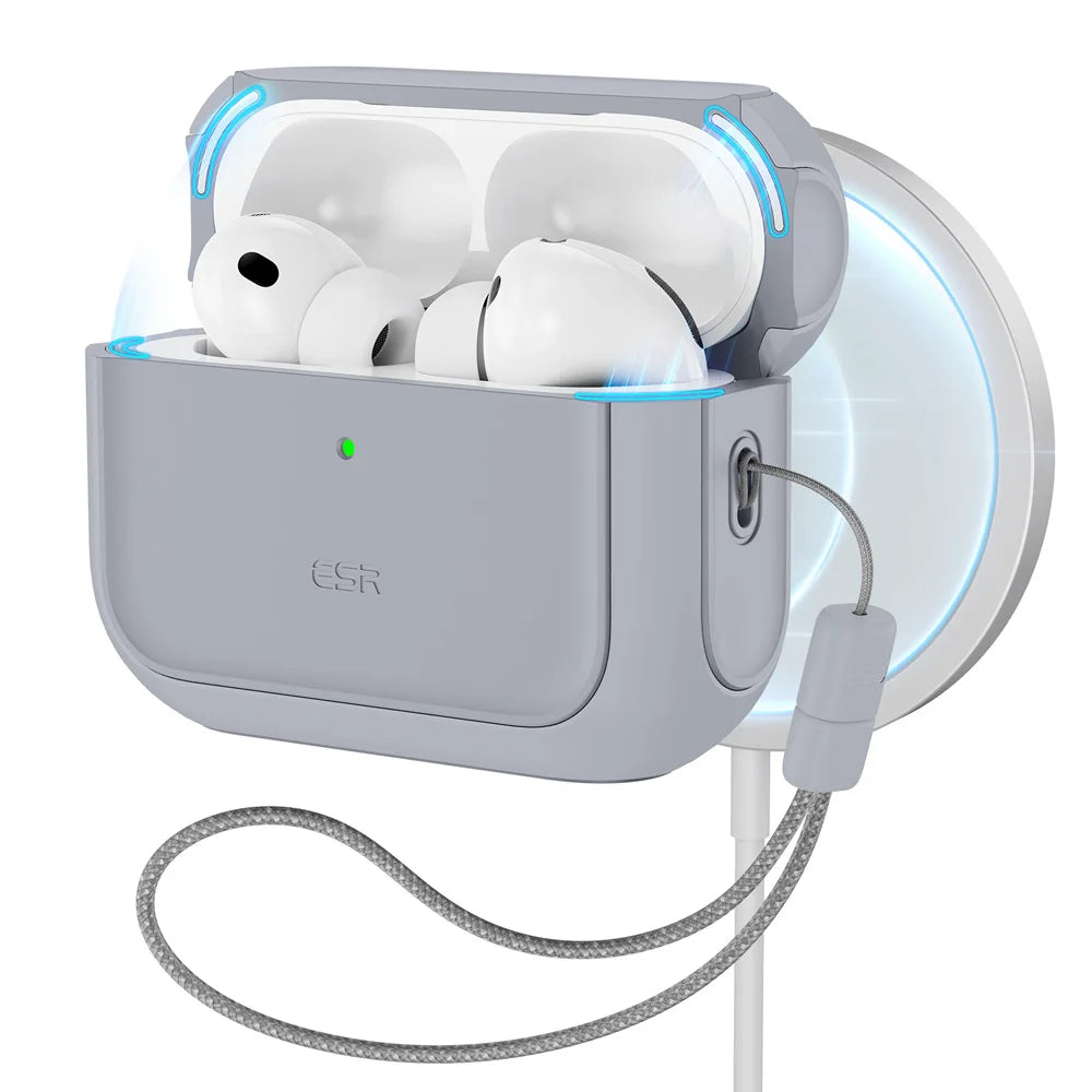 A gray charging case for AirPods Pro is shown with the lid open, connected to a white cord.