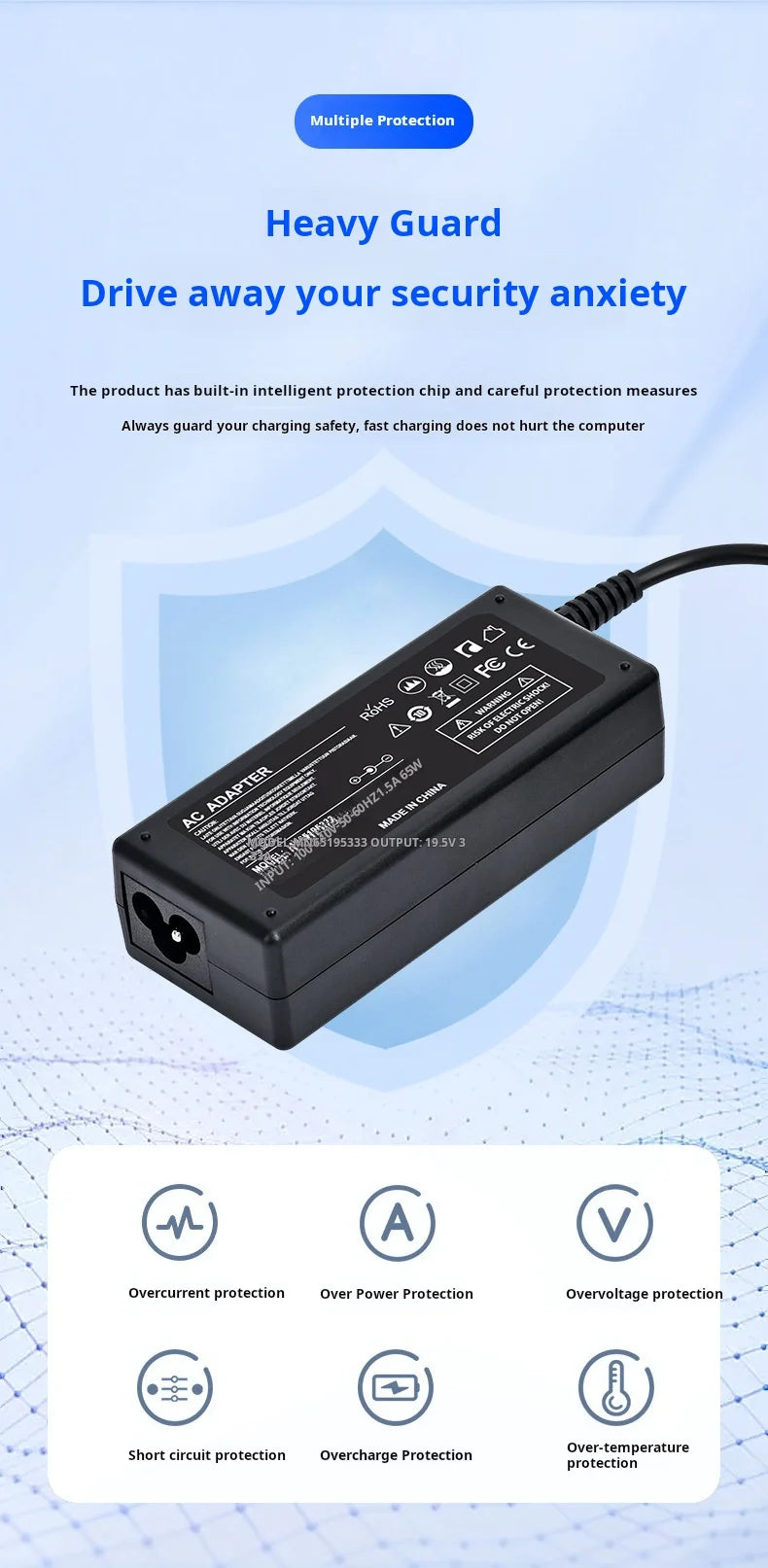 Black AC adapter for laptop power, featuring multiple protection features like overcurrent and overvoltage protection.