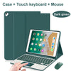 A dark green Bluetooth keyboard case for an iPad, shown with a touch keyboard and mouse.