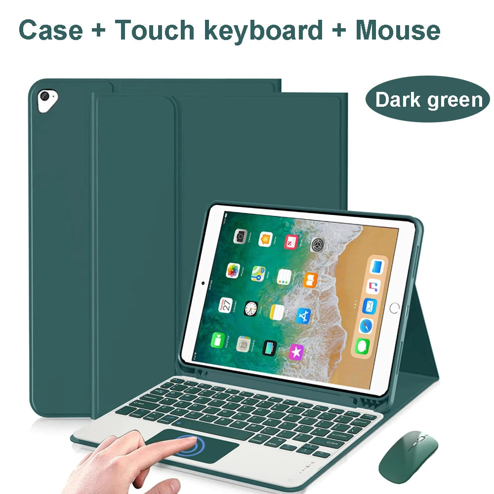 A dark green Bluetooth keyboard case for an iPad, shown with a touch keyboard and mouse.