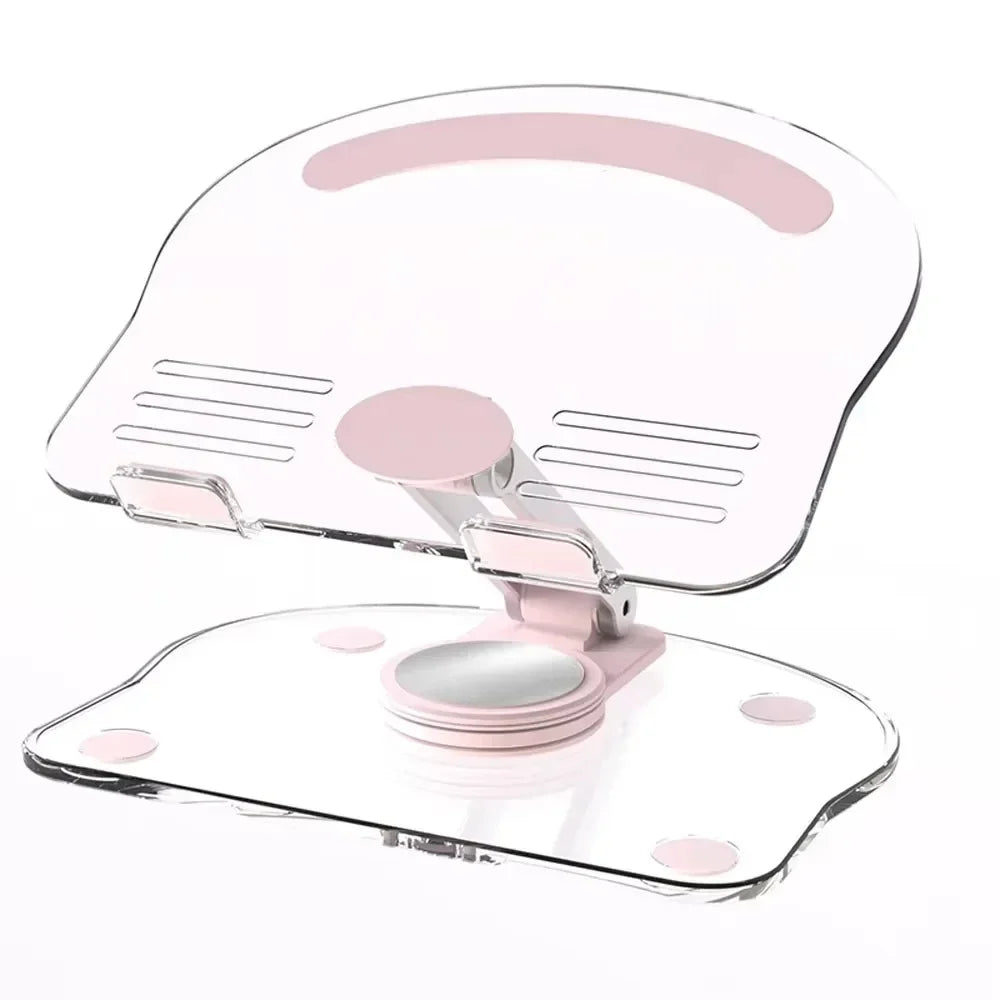 A clear pink adjustable tablet and phone stand with a silicone grip for viewing devices.