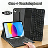 A black universal Bluetooth keyboard case shown with an iPad and a separate touch keyboard.