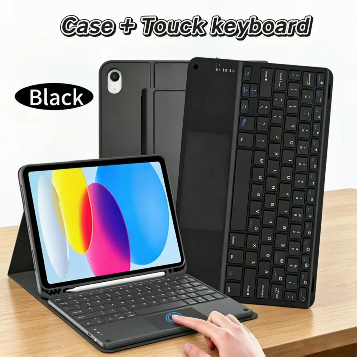 A black universal Bluetooth keyboard case shown with an iPad and a separate touch keyboard.