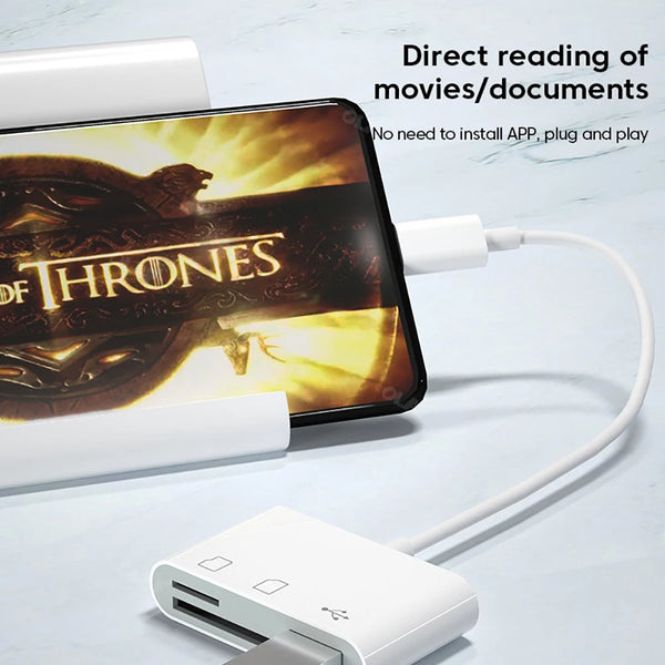 A white card reader adapter connects a tablet to a computer for direct reading of movies and documents.