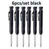 A set of six black precision mechanical drawing pencils.